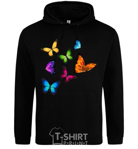 Мужская толстовка (худи) Разноцветные Бабочки Черный фото