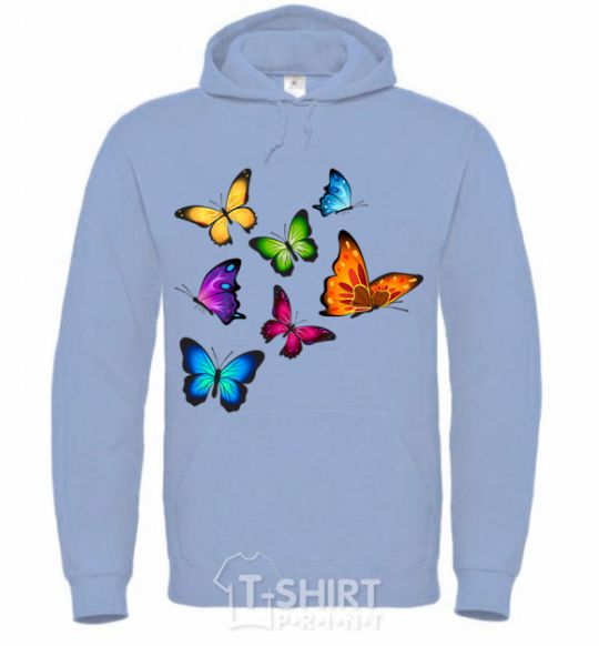 Men`s hoodie Multicolored Butterflies sky-blue фото