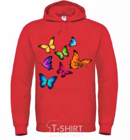Men`s hoodie Multicolored Butterflies bright-red фото