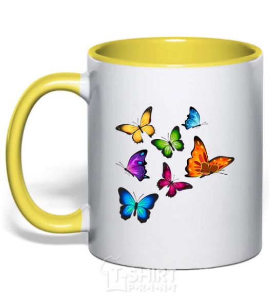 Mug with a colored handle Multicolored Butterflies yellow фото