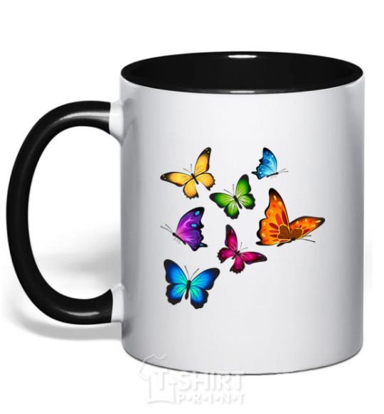 Mug with a colored handle Multicolored Butterflies black фото