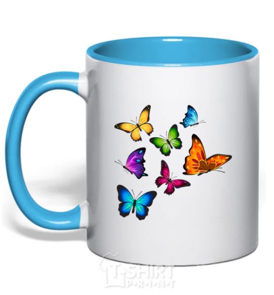 Mug with a colored handle Multicolored Butterflies sky-blue фото