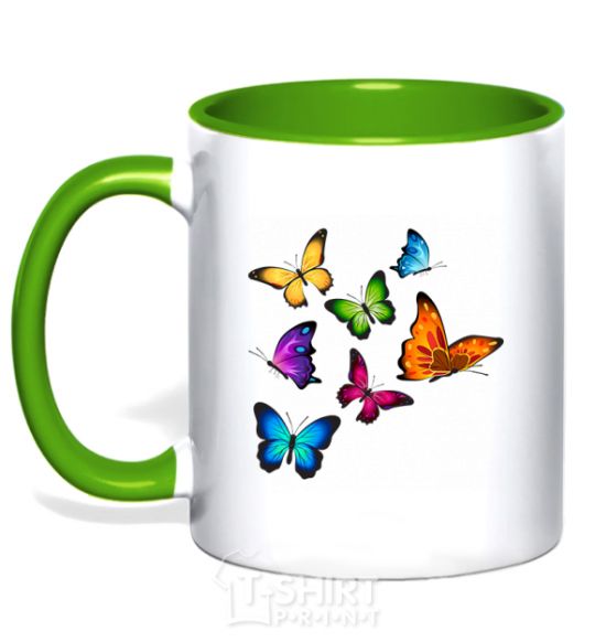 Mug with a colored handle Multicolored Butterflies kelly-green фото