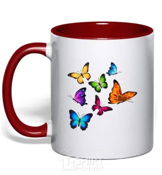 Mug with a colored handle Multicolored Butterflies red фото