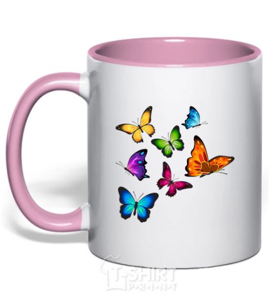 Mug with a colored handle Multicolored Butterflies light-pink фото