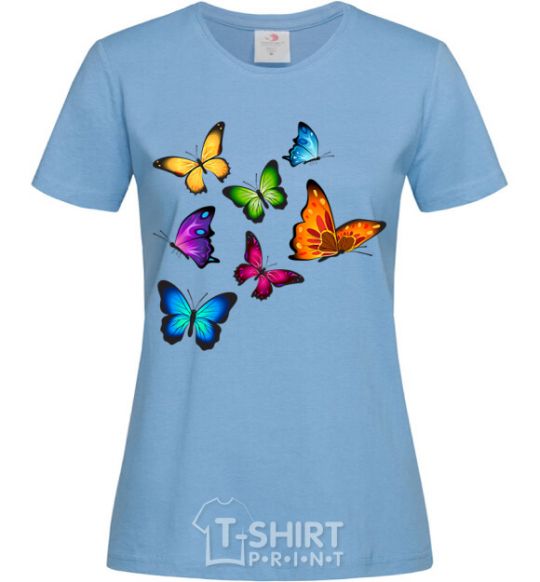 Women's T-shirt Multicolored Butterflies sky-blue фото