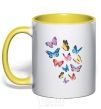 Mug with a colored handle Different butterflies yellow фото