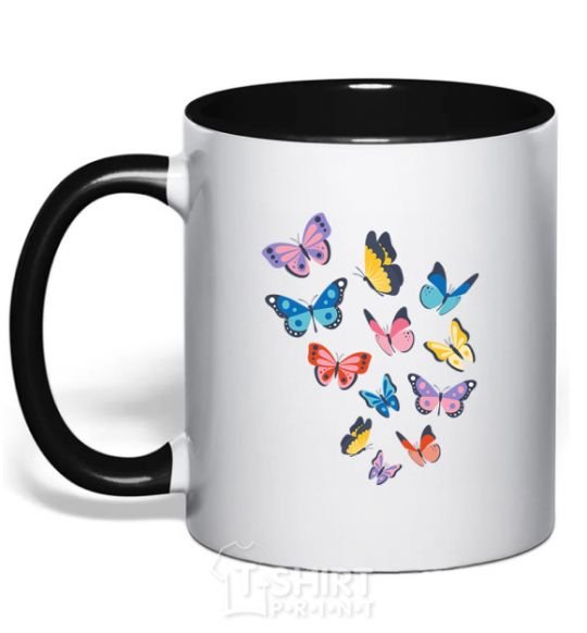 Mug with a colored handle Different butterflies black фото