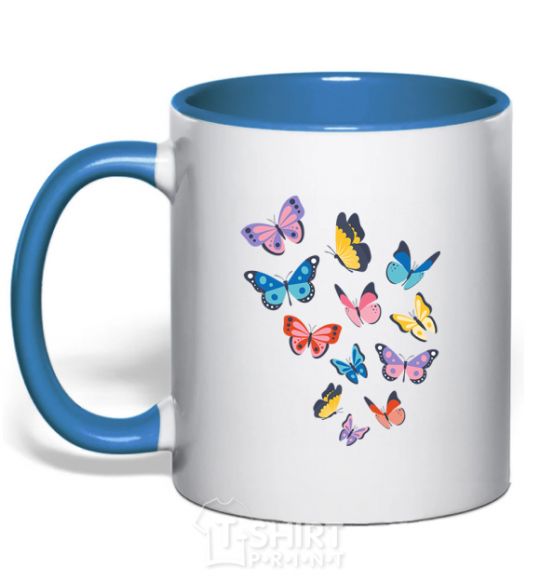 Mug with a colored handle Different butterflies royal-blue фото