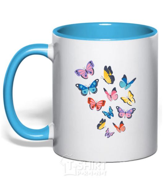 Mug with a colored handle Different butterflies sky-blue фото