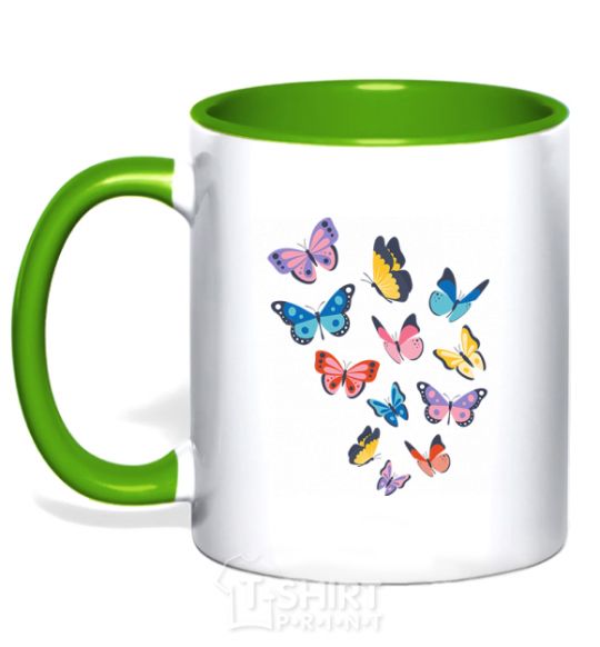 Mug with a colored handle Different butterflies kelly-green фото