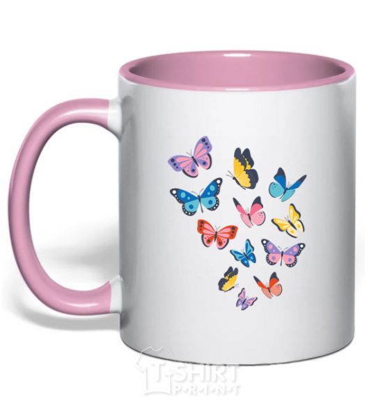 Mug with a colored handle Different butterflies light-pink фото