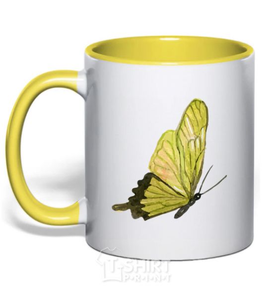 Mug with a colored handle Green butterfly yellow фото