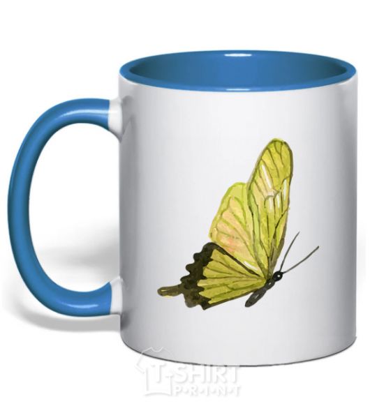 Mug with a colored handle Green butterfly royal-blue фото