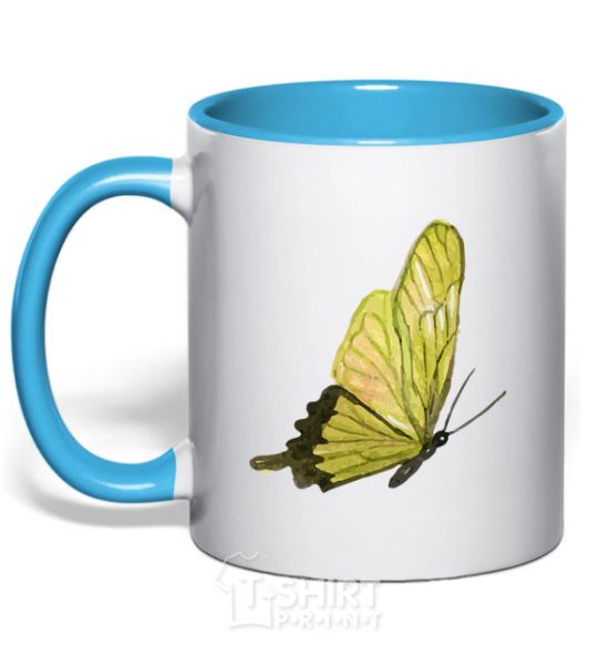 Mug with a colored handle Green butterfly sky-blue фото