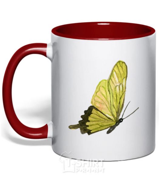 Mug with a colored handle Green butterfly red фото