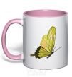 Mug with a colored handle Green butterfly light-pink фото