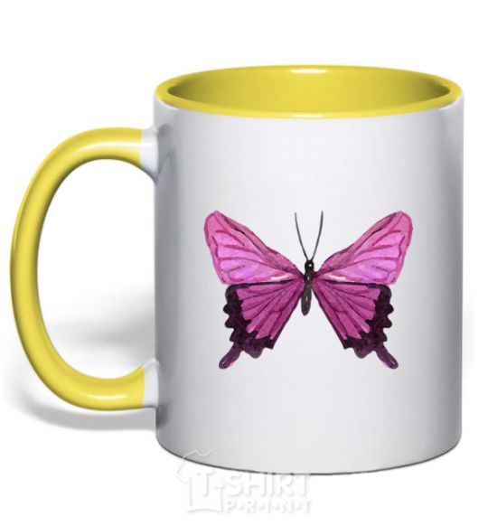 Mug with a colored handle Purple butterfly yellow фото