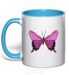 Mug with a colored handle Purple butterfly sky-blue фото