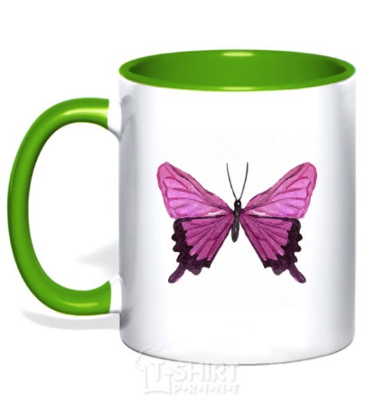 Mug with a colored handle Purple butterfly kelly-green фото