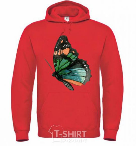 Men`s hoodie Green butterfly with orange dots bright-red фото