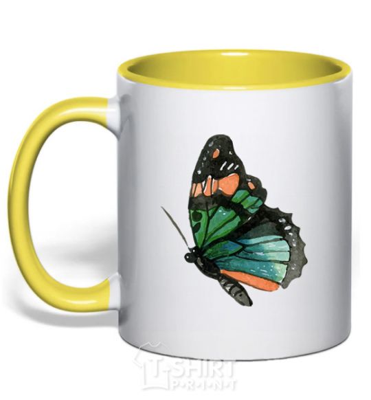 Mug with a colored handle Green butterfly with orange dots yellow фото