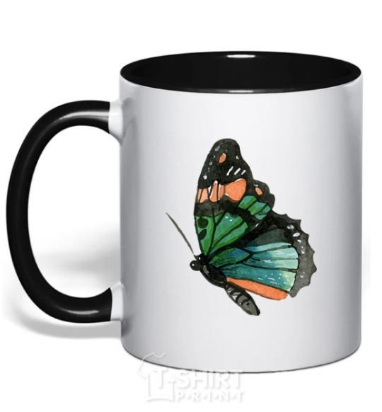 Mug with a colored handle Green butterfly with orange dots black фото