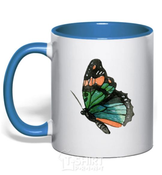 Mug with a colored handle Green butterfly with orange dots royal-blue фото