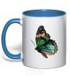 Mug with a colored handle Green butterfly with orange dots royal-blue фото