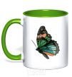 Mug with a colored handle Green butterfly with orange dots kelly-green фото