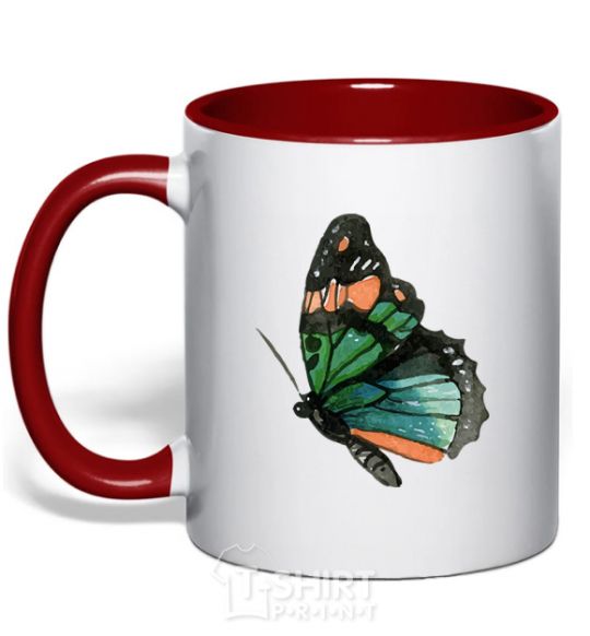 Mug with a colored handle Green butterfly with orange dots red фото
