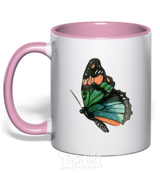 Mug with a colored handle Green butterfly with orange dots light-pink фото