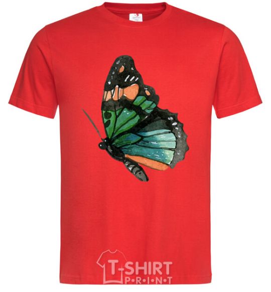 Men's T-Shirt Green butterfly with orange dots red фото