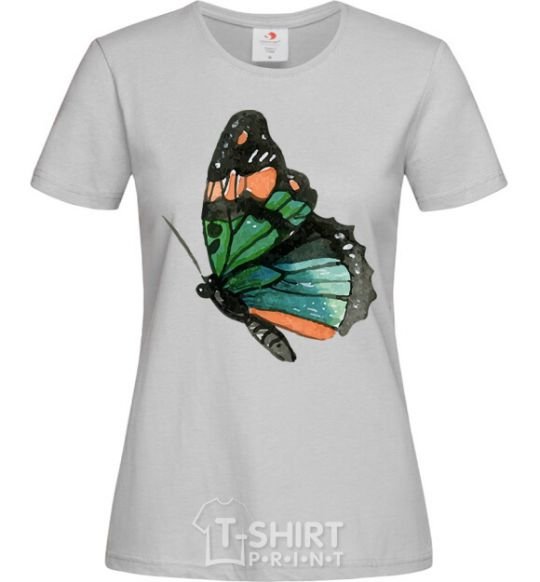 Women's T-shirt Green butterfly with orange dots grey фото