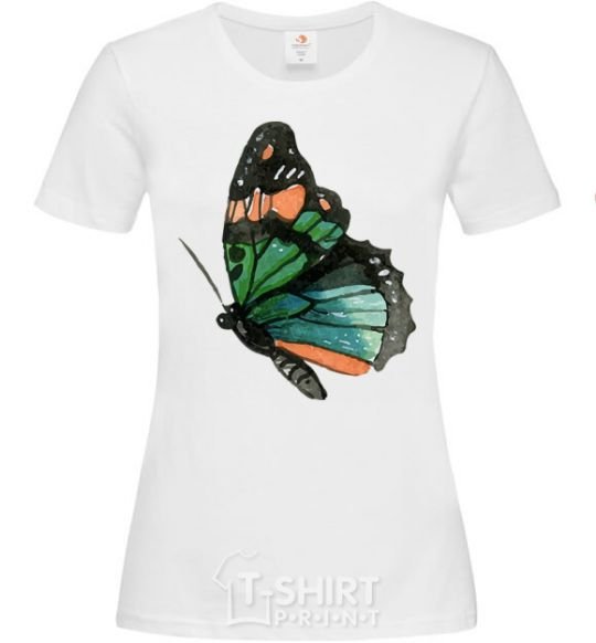 Women's T-shirt Green butterfly with orange dots White фото