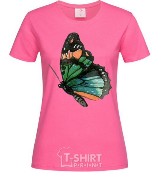 Женская футболка Зеленая бабочка с оранжевыми точками Ярко-розовый фото