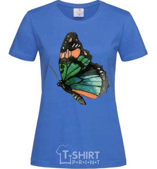 Женская футболка Зеленая бабочка с оранжевыми точками Ярко-синий фото