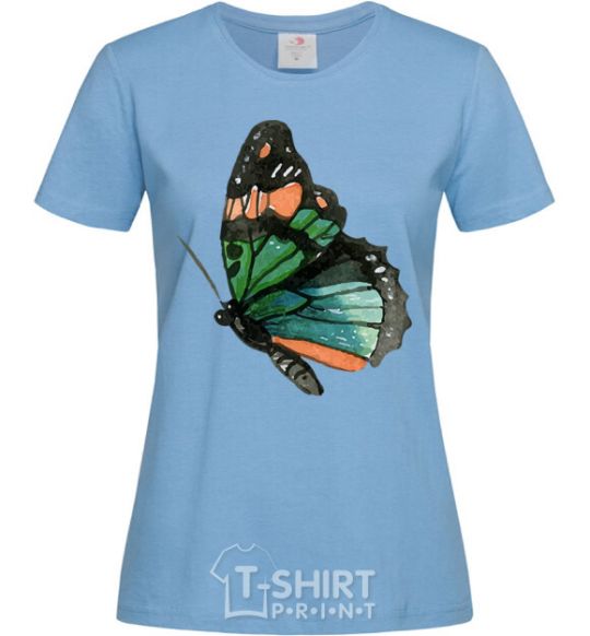 Женская футболка Зеленая бабочка с оранжевыми точками Голубой фото