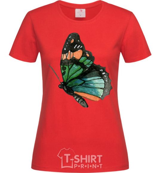 Women's T-shirt Green butterfly with orange dots red фото