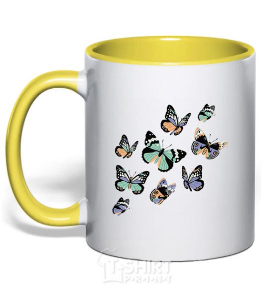 Mug with a colored handle A drawing of butterflies yellow фото