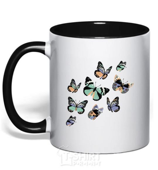 Mug with a colored handle A drawing of butterflies black фото