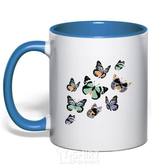 Mug with a colored handle A drawing of butterflies royal-blue фото