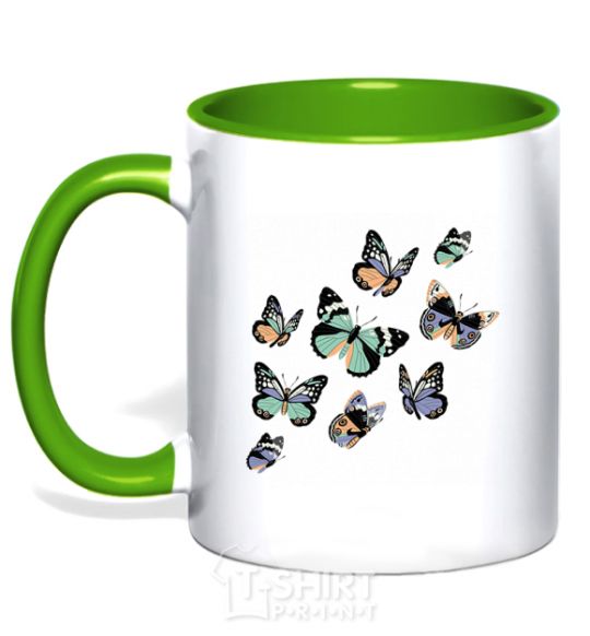 Mug with a colored handle A drawing of butterflies kelly-green фото