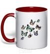 Mug with a colored handle A drawing of butterflies red фото