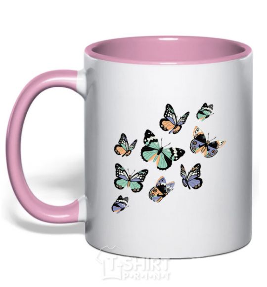 Mug with a colored handle A drawing of butterflies light-pink фото