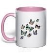 Mug with a colored handle A drawing of butterflies light-pink фото