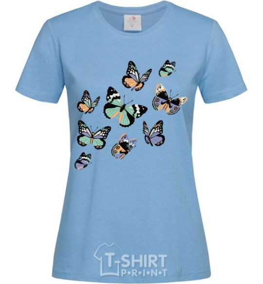 Women's T-shirt A drawing of butterflies sky-blue фото