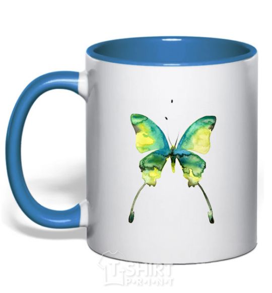 Mug with a colored handle Yellow butterfly royal-blue фото