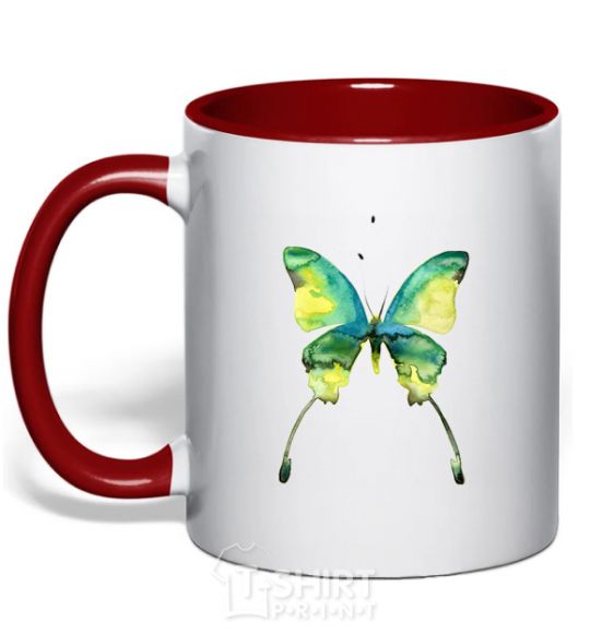 Mug with a colored handle Yellow butterfly red фото