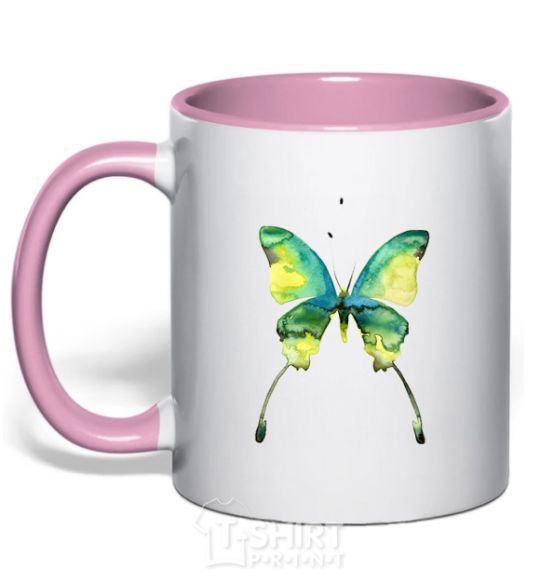 Mug with a colored handle Yellow butterfly light-pink фото